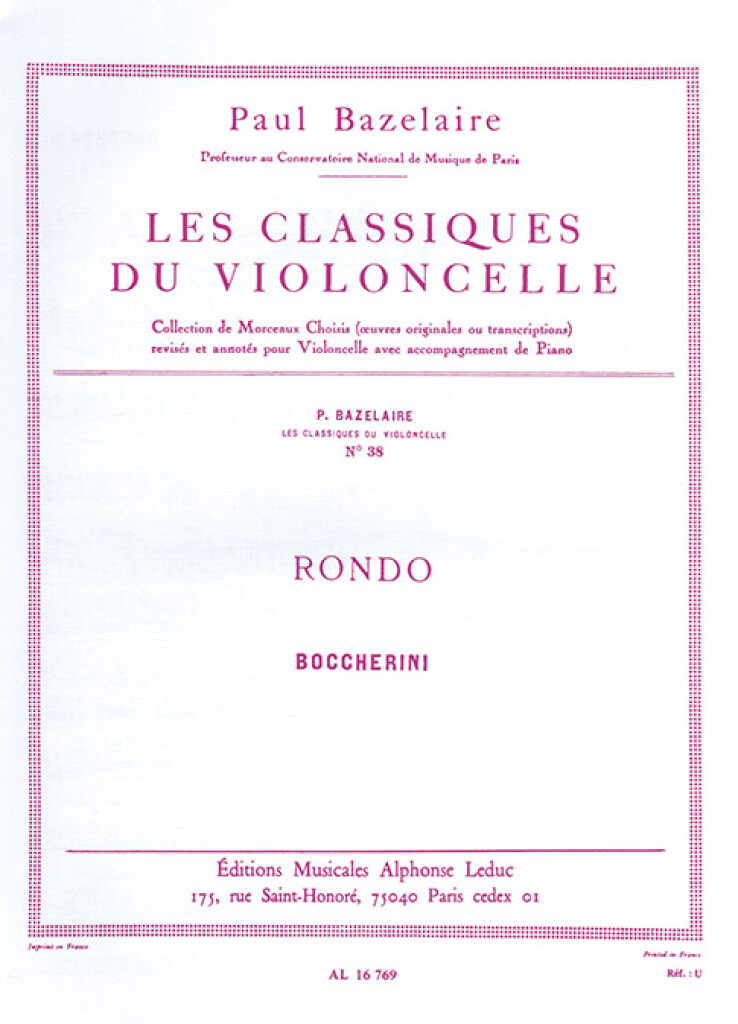 Boccherini Rondo Ed Bazelaire Cello & Piano Sheet Music Songbook