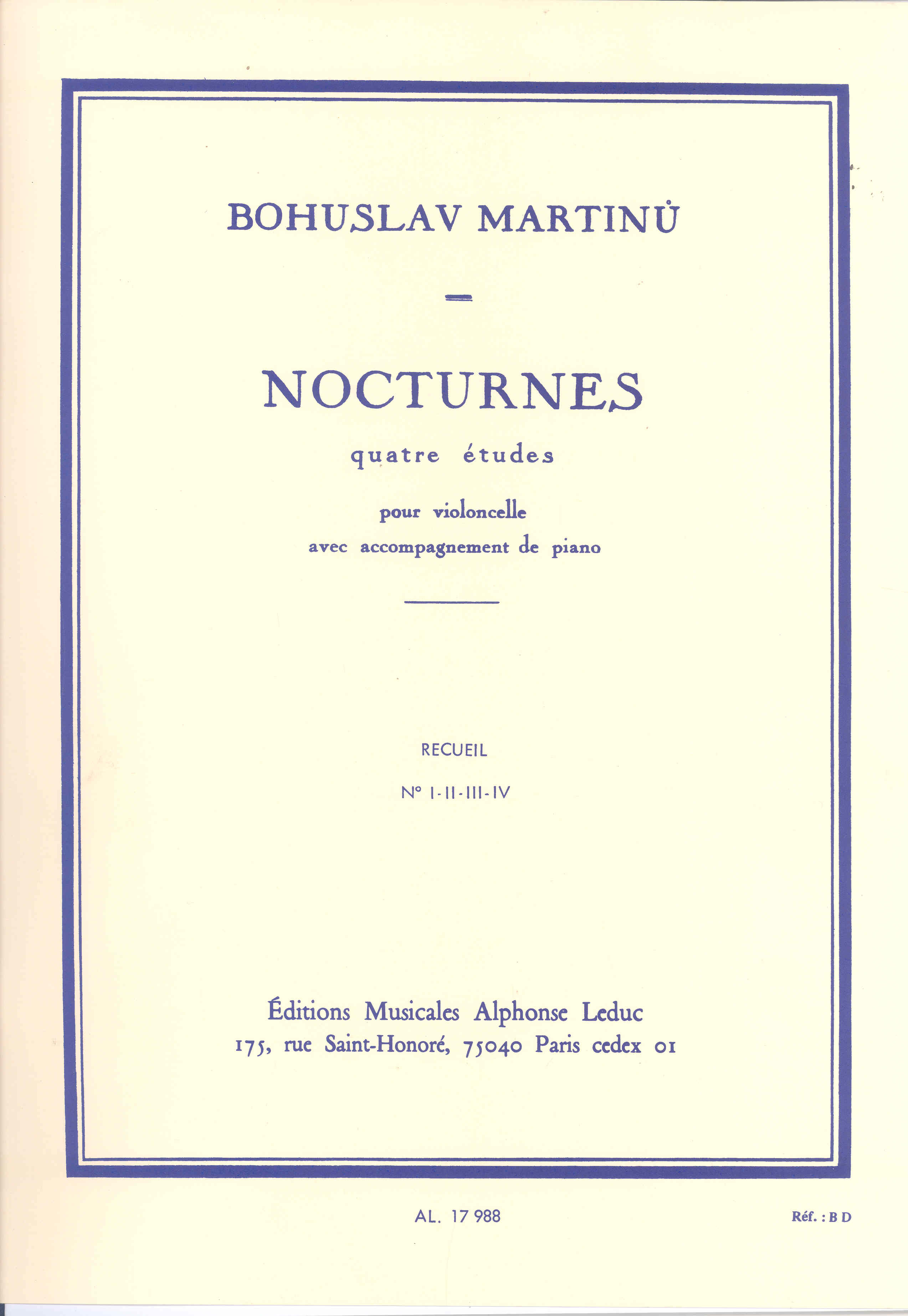 Martinu Nocturnes (4) Cello Sheet Music Songbook