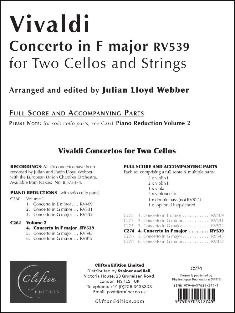 Vivaldi Concerto In F Major Rv539 Score & Parts Sheet Music Songbook