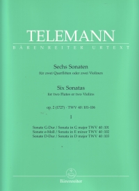 Telemann Sonatas (6) Op2 Book 1 Flute Duet Sheet Music Songbook