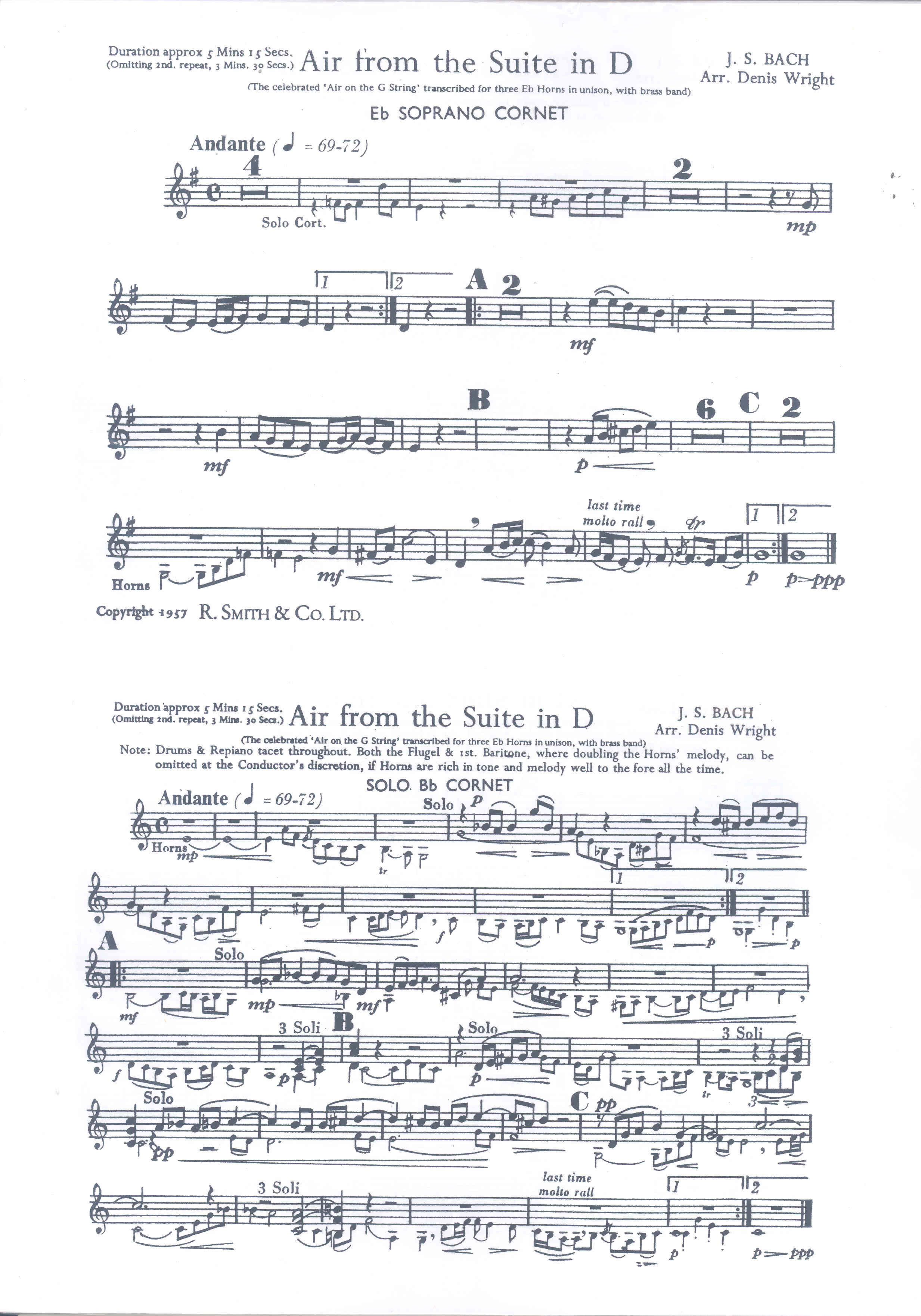 Bach Air From Suite In D Arr Wright Sheet Music Songbook
