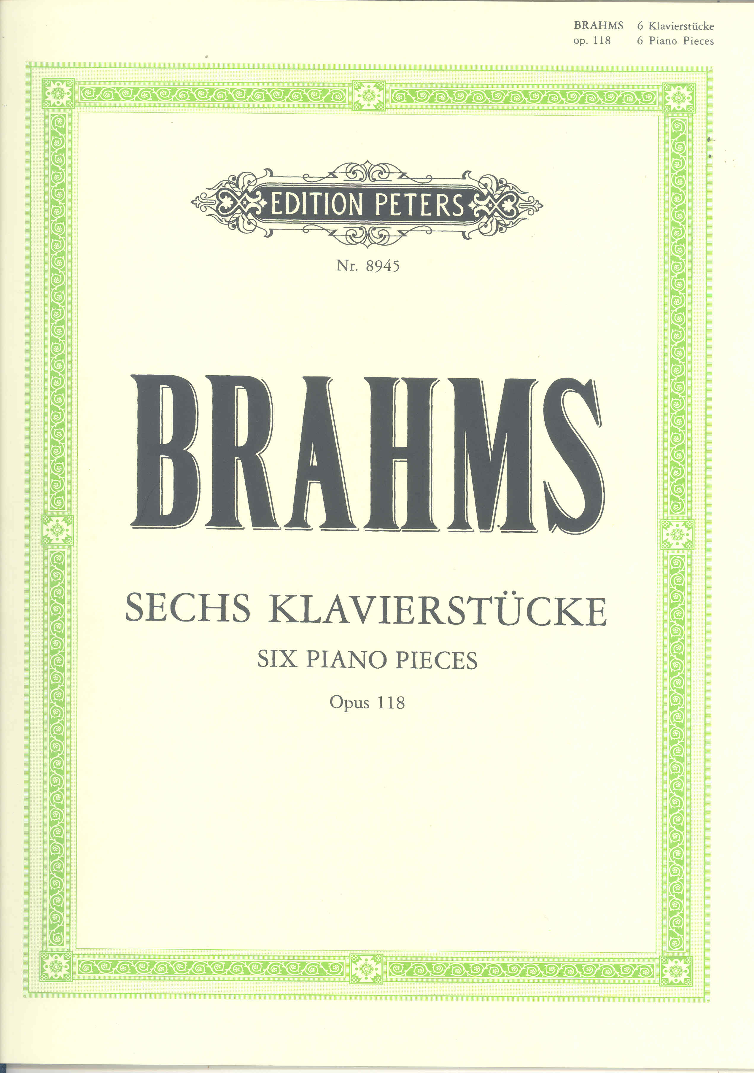 Brahms 6 Piano Pieces Op118 Sheet Music Songbook