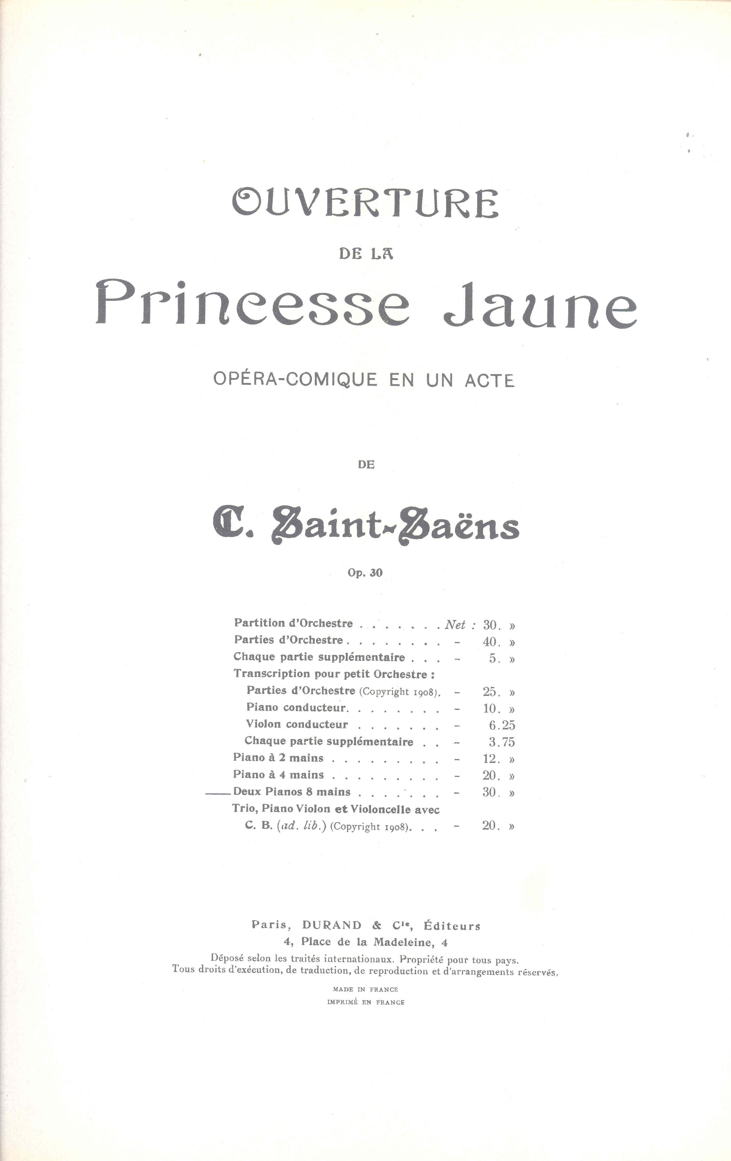 Saint-saens La Princesse Jaune Overture Op30 2p8h Sheet Music Songbook