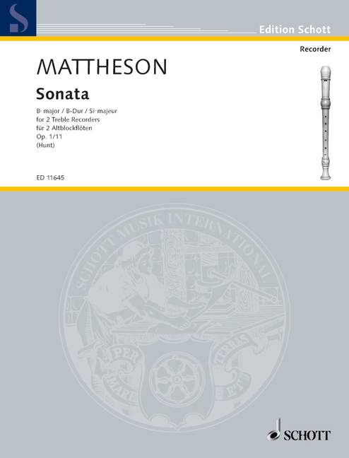 Mattheson Sonata Op1 No 11 Bb Treble Recorder Duet Sheet Music Songbook
