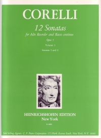 Corelli 12 Sonatas Op5 Vol 3 Treble Recorder & Pno Sheet Music Songbook