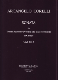 Corelli Sonata C Op5 No 3 Treble Recorder/pf Sheet Music Songbook
