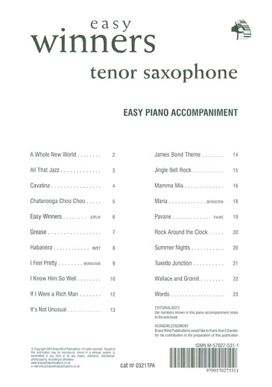 Easy Winners Lawrance Tenor Saxophone Piano Accomp Sheet Music Songbook