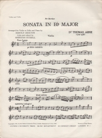 Arne Sonata Bb Violin & Piano Sheet Music Songbook
