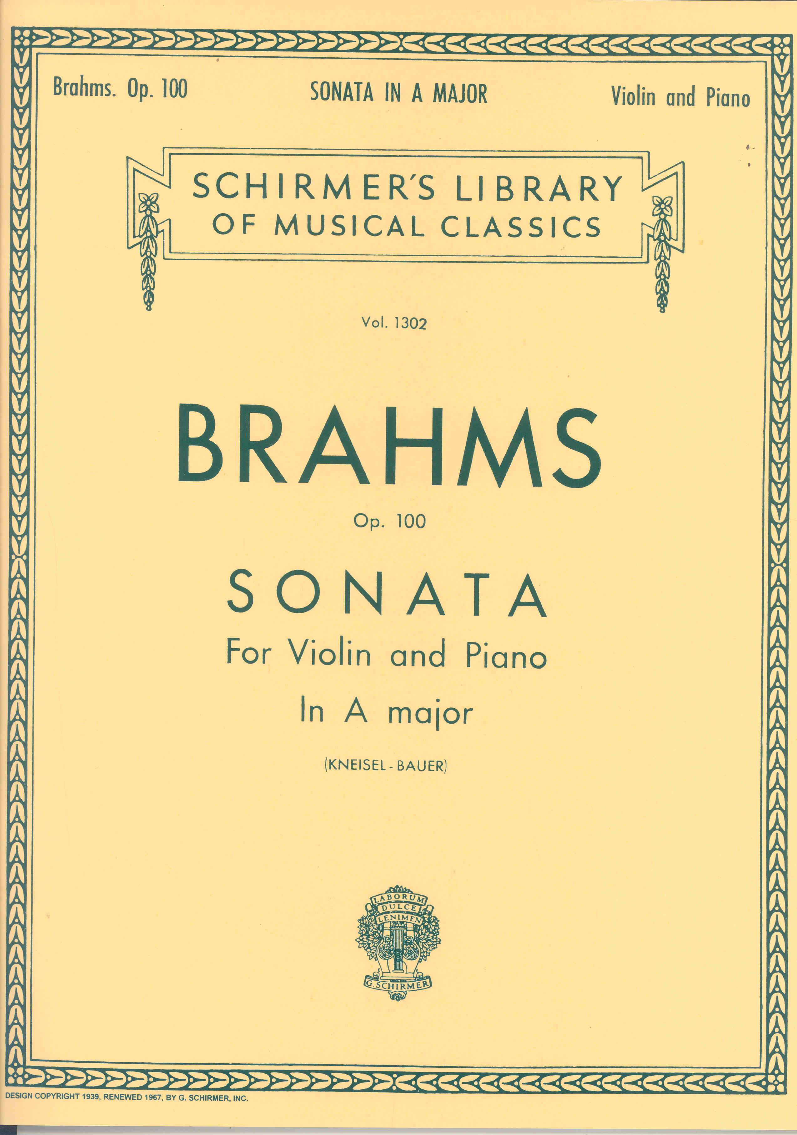 Brahms Sonata Op100 Amajor Violin & Piano Sheet Music Songbook