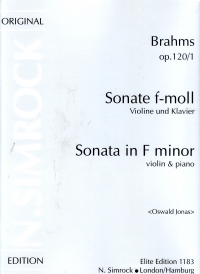 Brahms Sonata F Minor Op120/1 Violin & Piano Sheet Music Songbook
