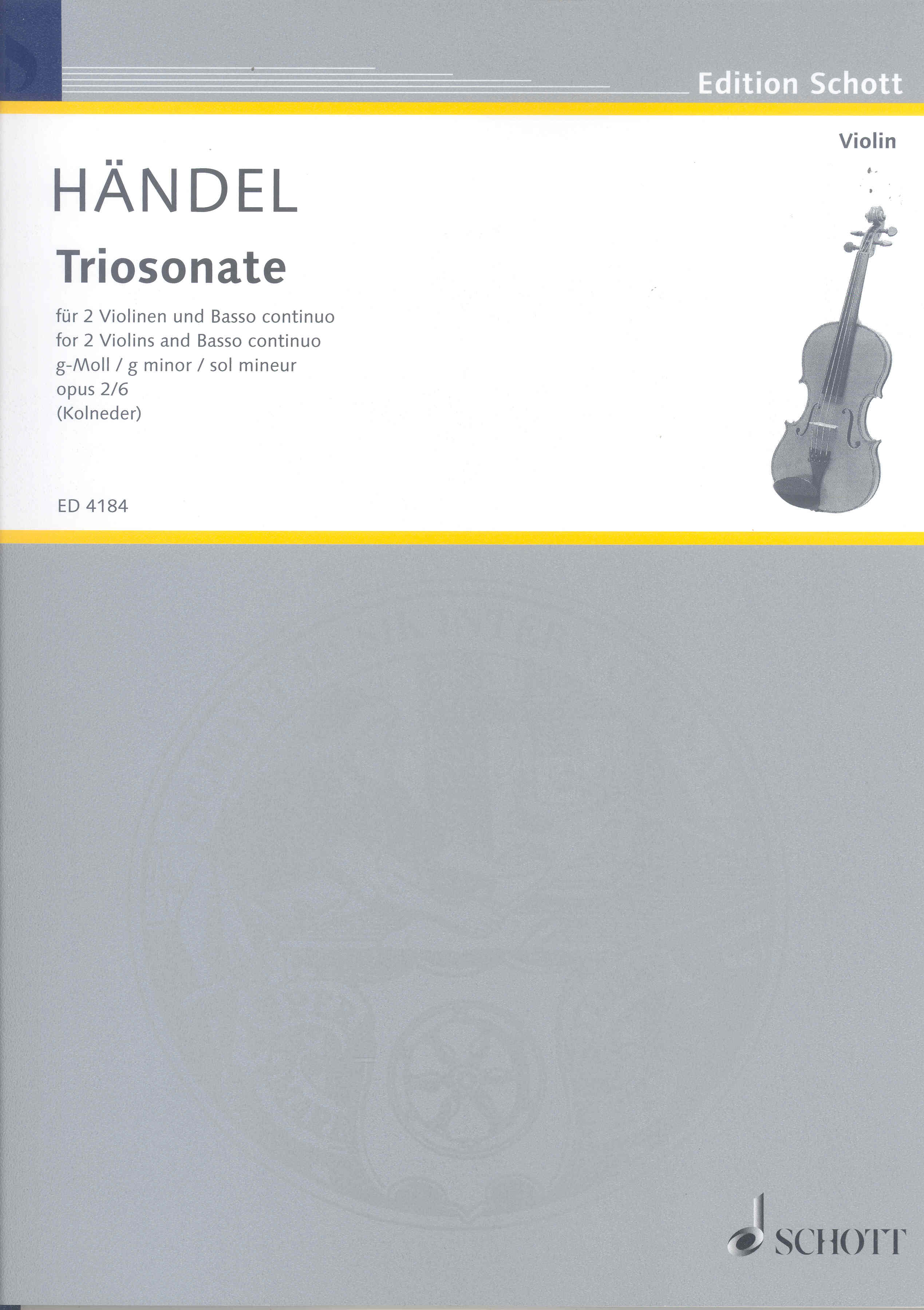 Handel  Trio Sonatas Op2 No6 2 Violins & Bc Sheet Music Songbook