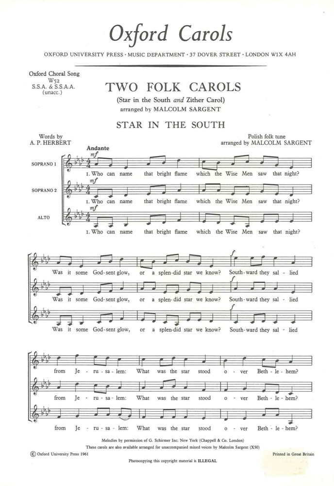 Two Folk Carols Sargent Ssa & Ssaa Sheet Music Songbook