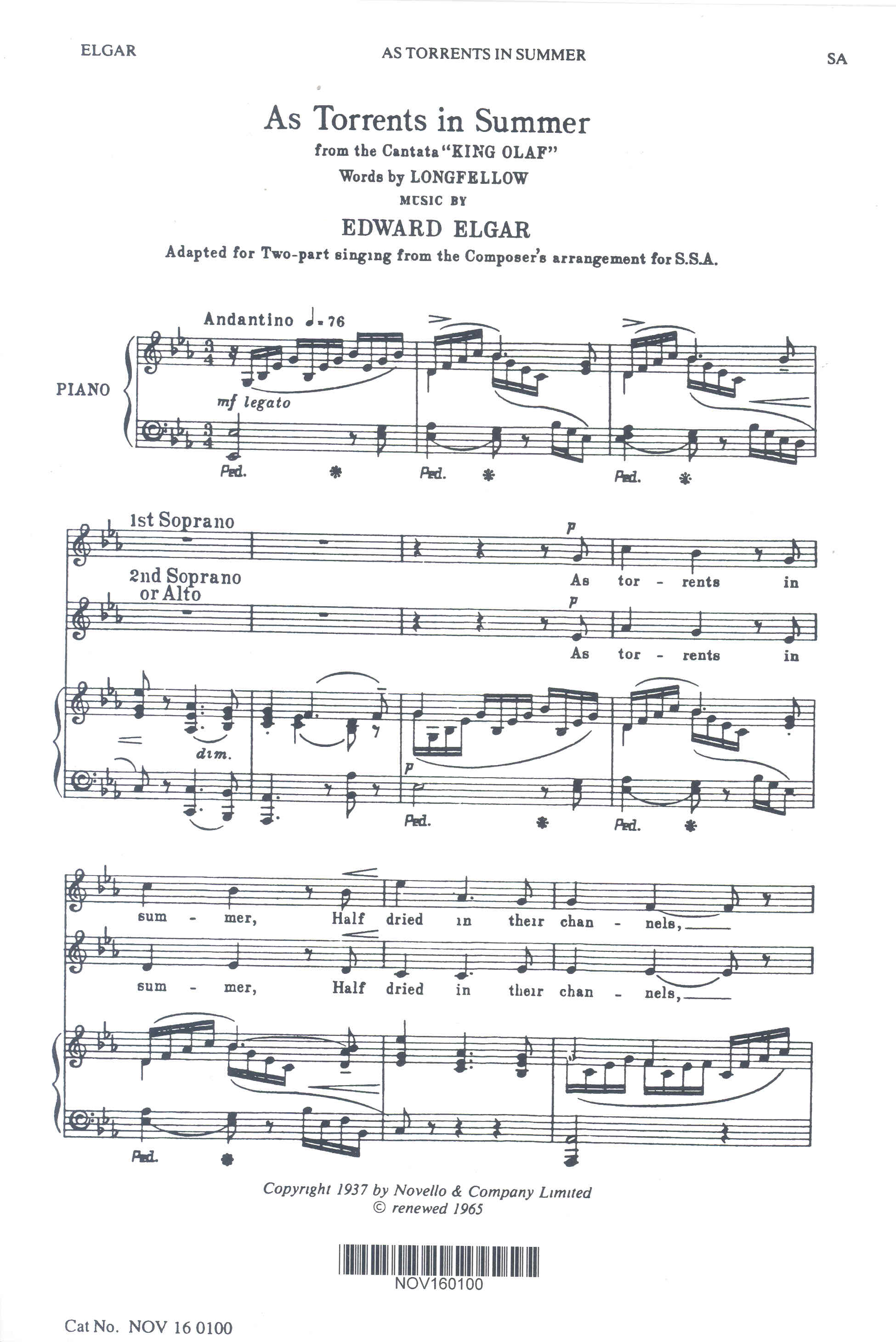 As Torrents In Summer Elgar 2part Sheet Music Songbook