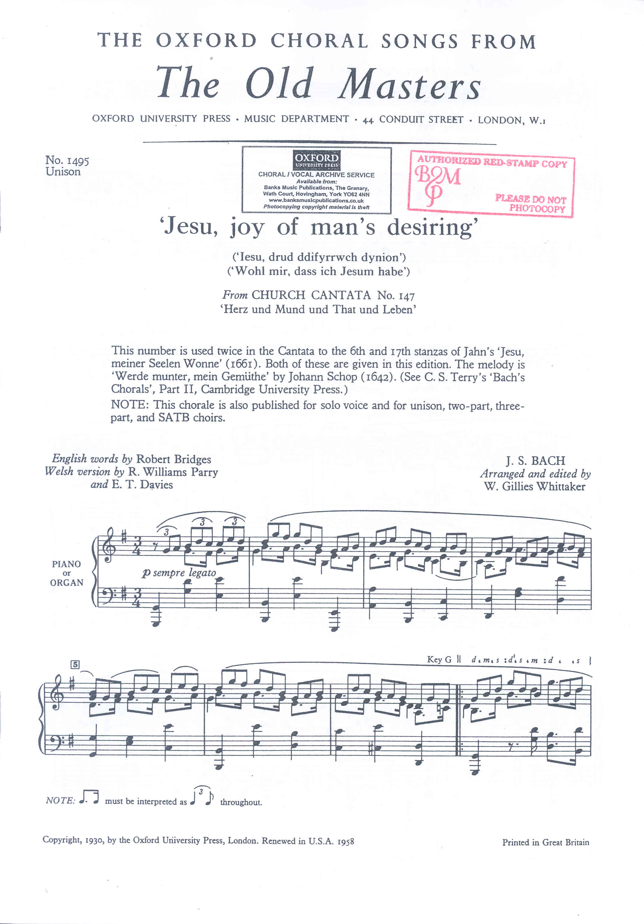 Jesu Joy Of Mans Desiring Bach Eng/welsh Unison Sheet Music Songbook