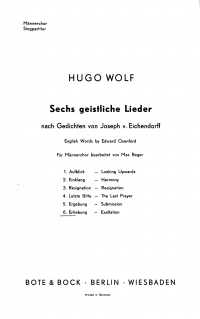 Wolf Erhebung (exaltation) Sheet Music Songbook