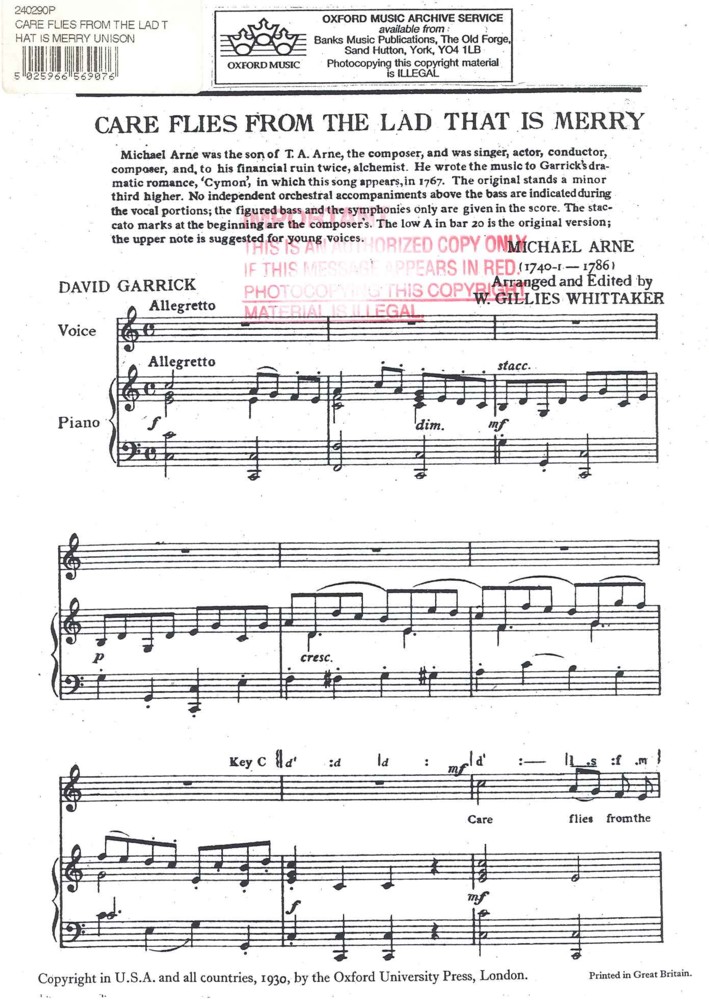 Care Flies From The Lad That Is Merry Unison Sheet Music Songbook