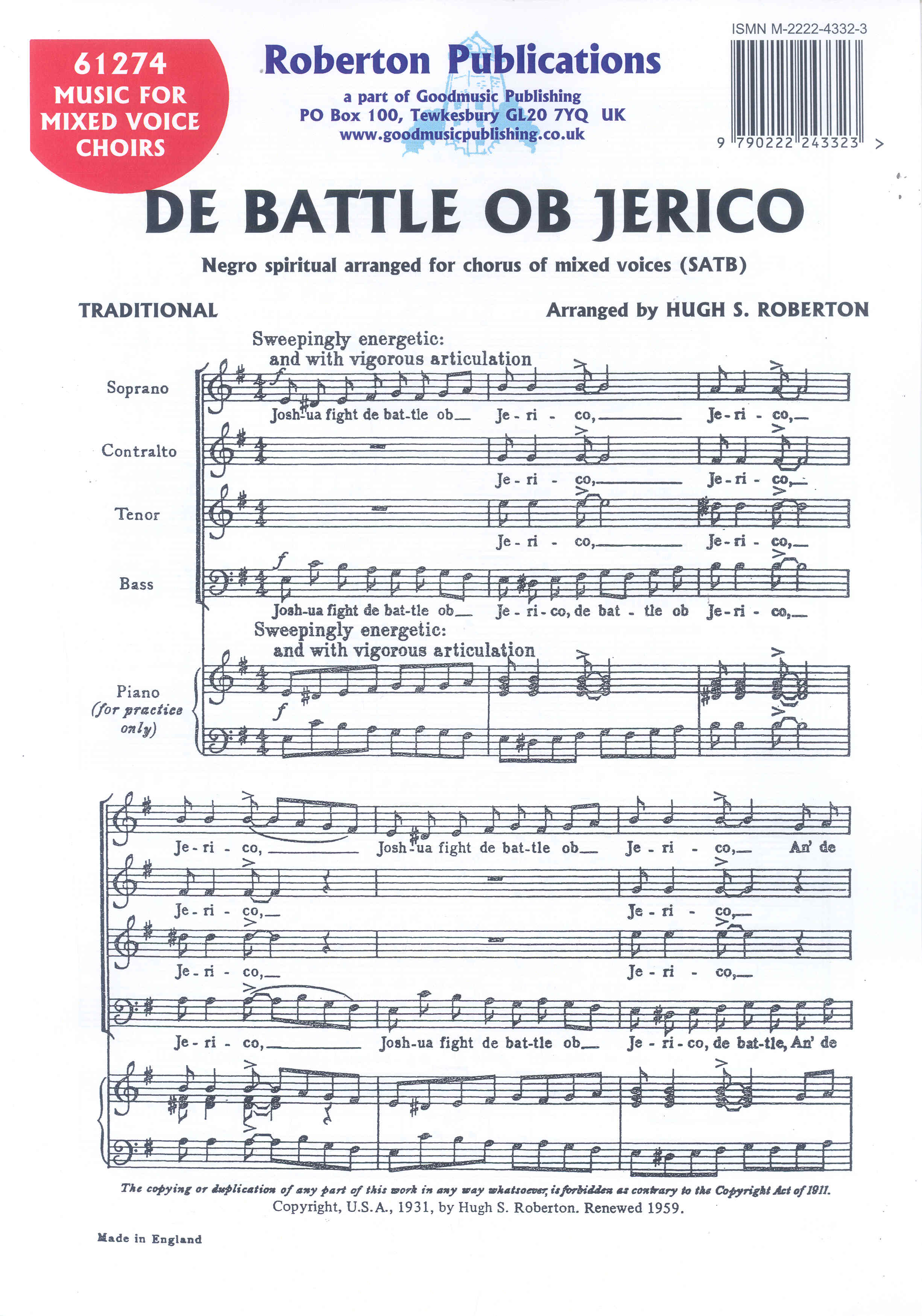 De Battle Ob Jerico Roberton Satb Sheet Music Songbook