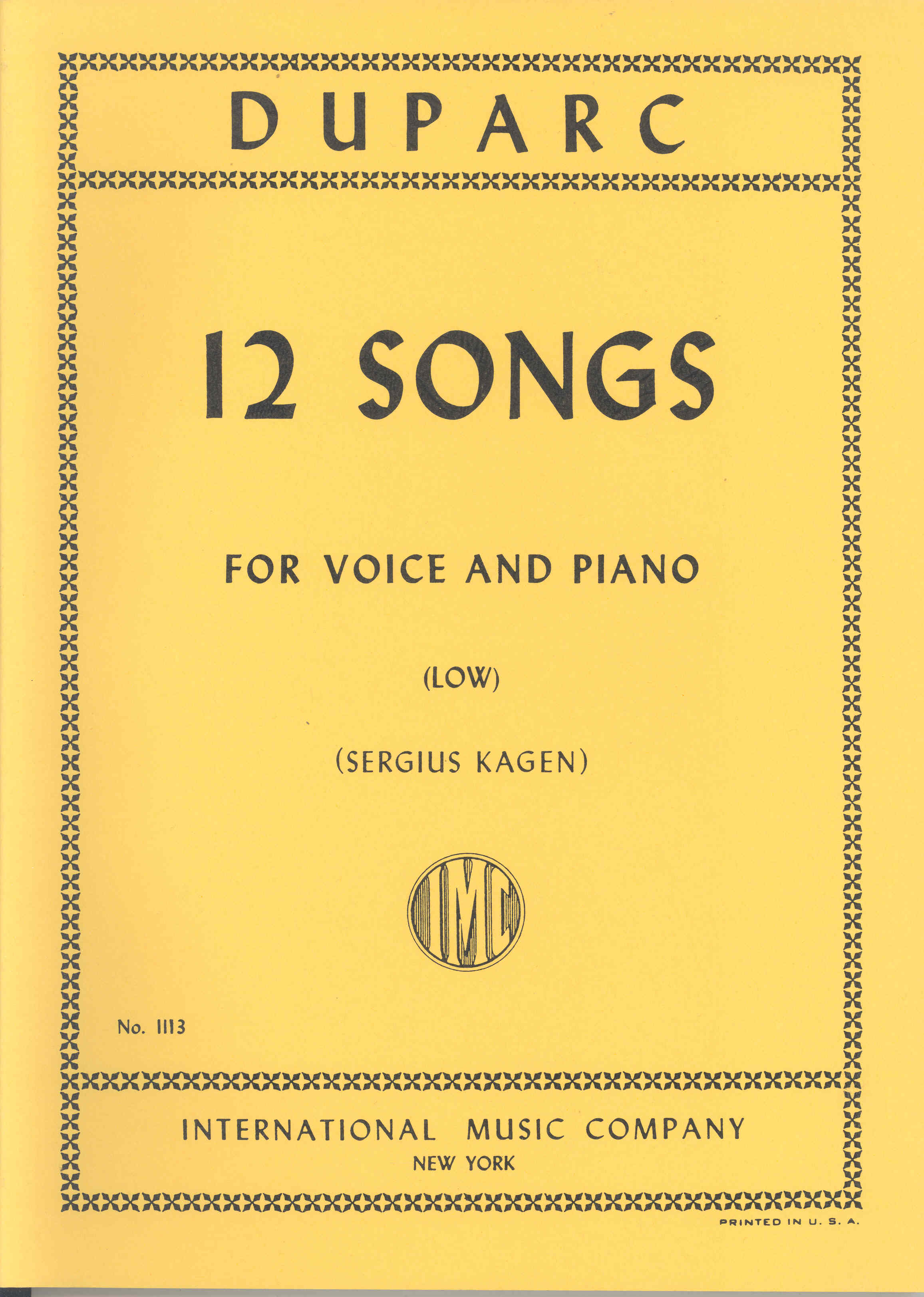 Duparc Twelve Songs For Low Voice Sheet Music Songbook