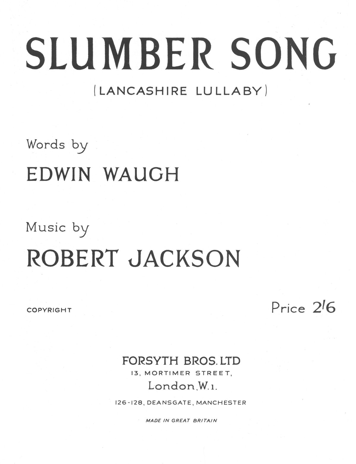 Jackson Slumber Song (lancashire Lullaby) Vce & Pf Sheet Music Songbook