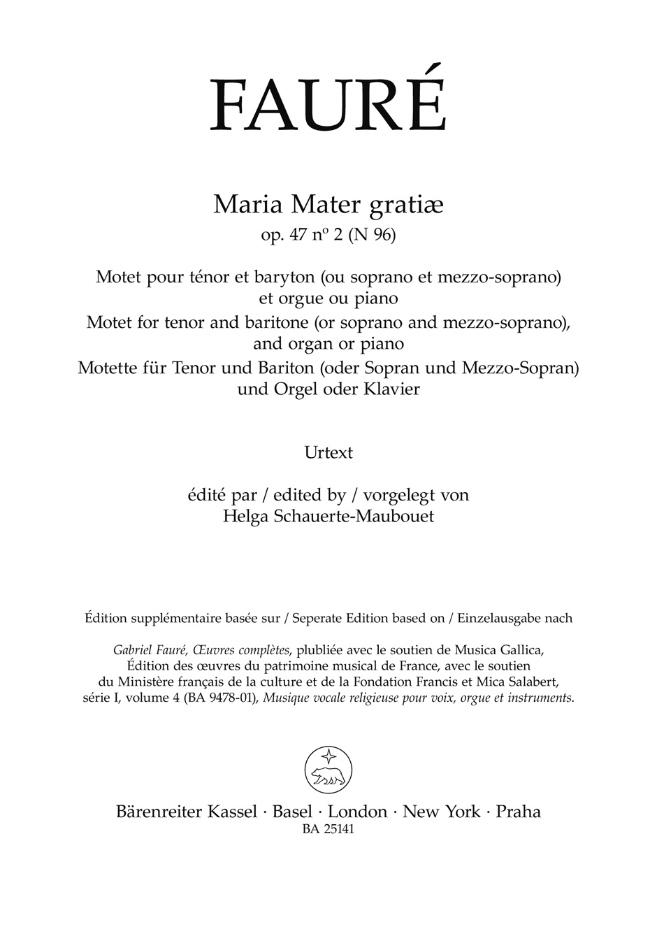 Faure Maria Mater Gratiae Op47/2 N 96 Choral Score Sheet Music Songbook