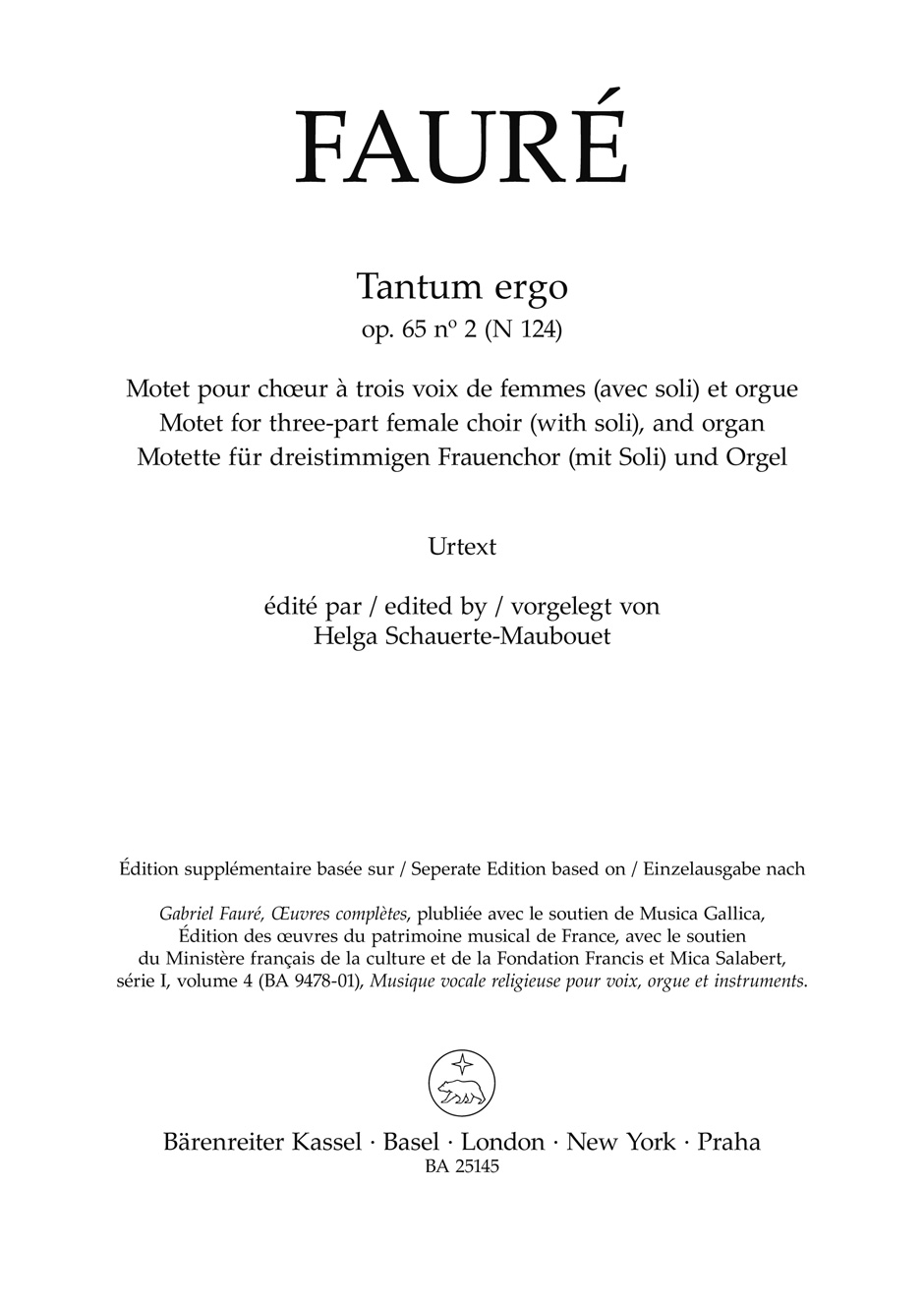Faure Tantum Ergo Op65/2 N 124 Choral Score Sheet Music Songbook