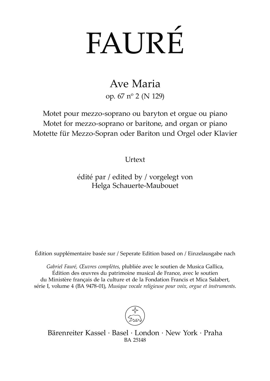 Faure Ave Maria Op67/2 N 129 Choral Score Sheet Music Songbook