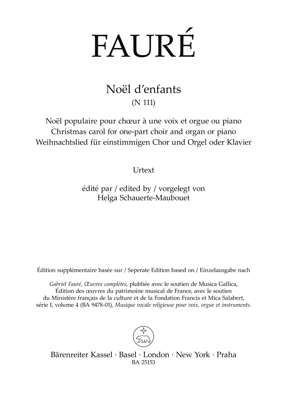 Faure Noel Denfants N 111 Choral Score Sheet Music Songbook