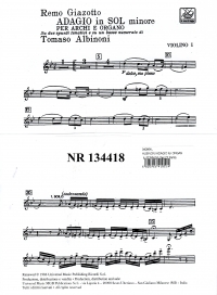 Albinoni Adagio For Organ & Strings (set Of Parts) Sheet Music Songbook