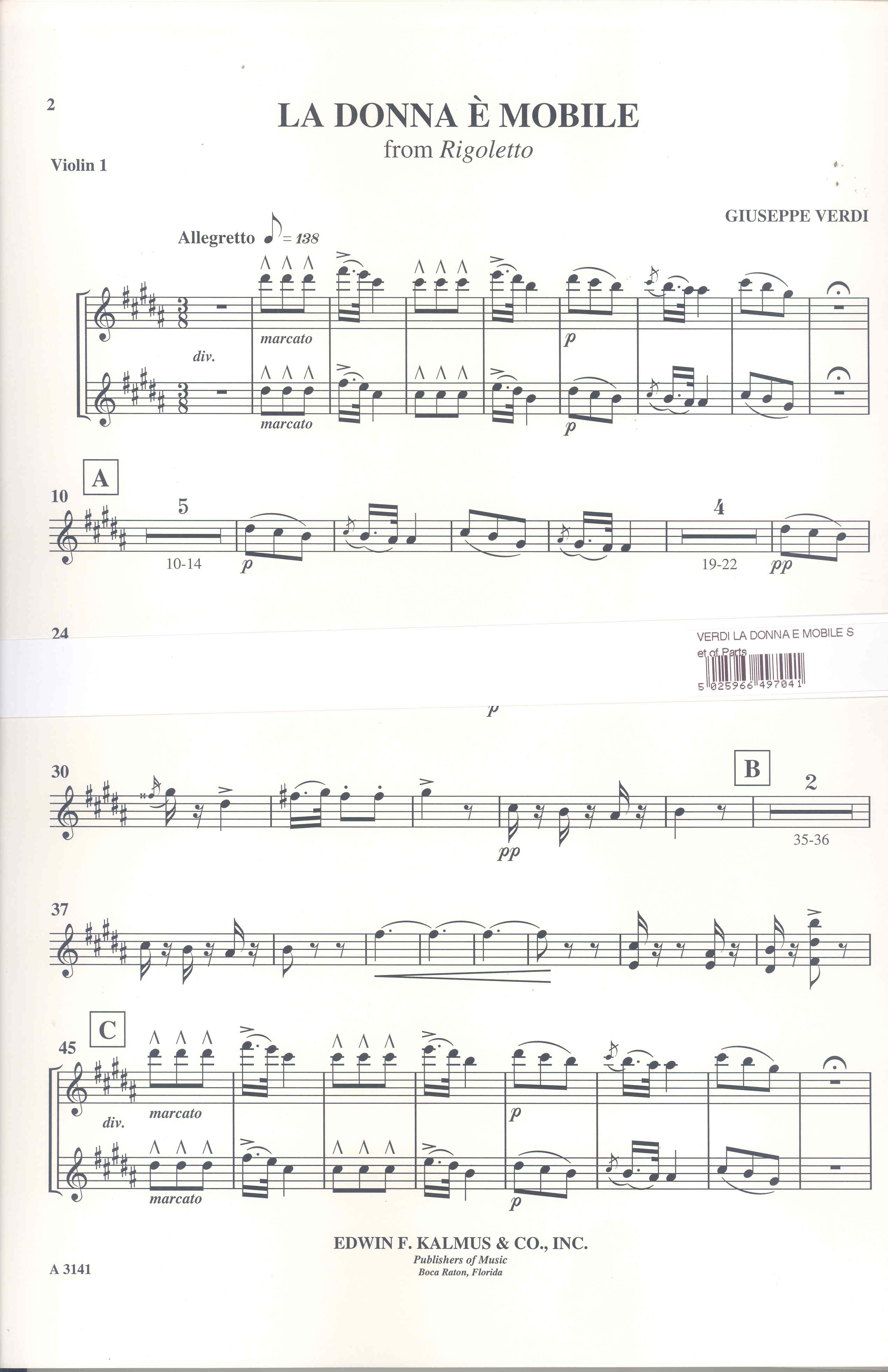 Verdi La Donna E Mobile Set Of Parts Sheet Music Songbook