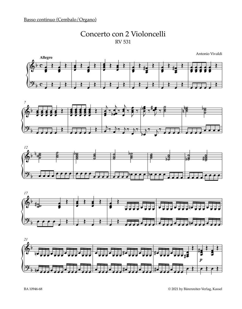 Vivaldi Concerto In G Minor Rv 531 Cembalo/organ Sheet Music Songbook