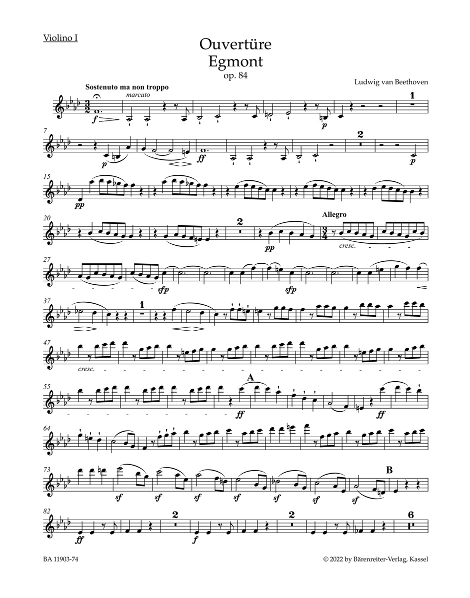 Beethoven Egmont Overture Op84 Orchestra Violin I Sheet Music Songbook