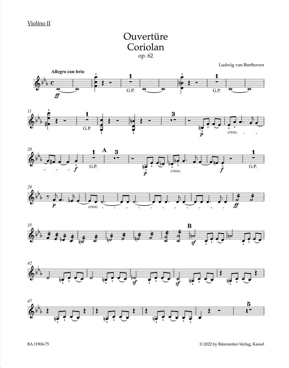 Beethoven Coriolan Overture Op62 Orchestra Vln Ii Sheet Music Songbook