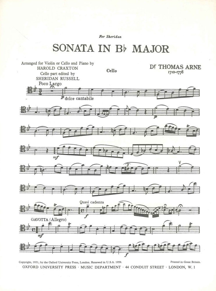 Arne Sonata Bb Cello Part Only Sheet Music Songbook