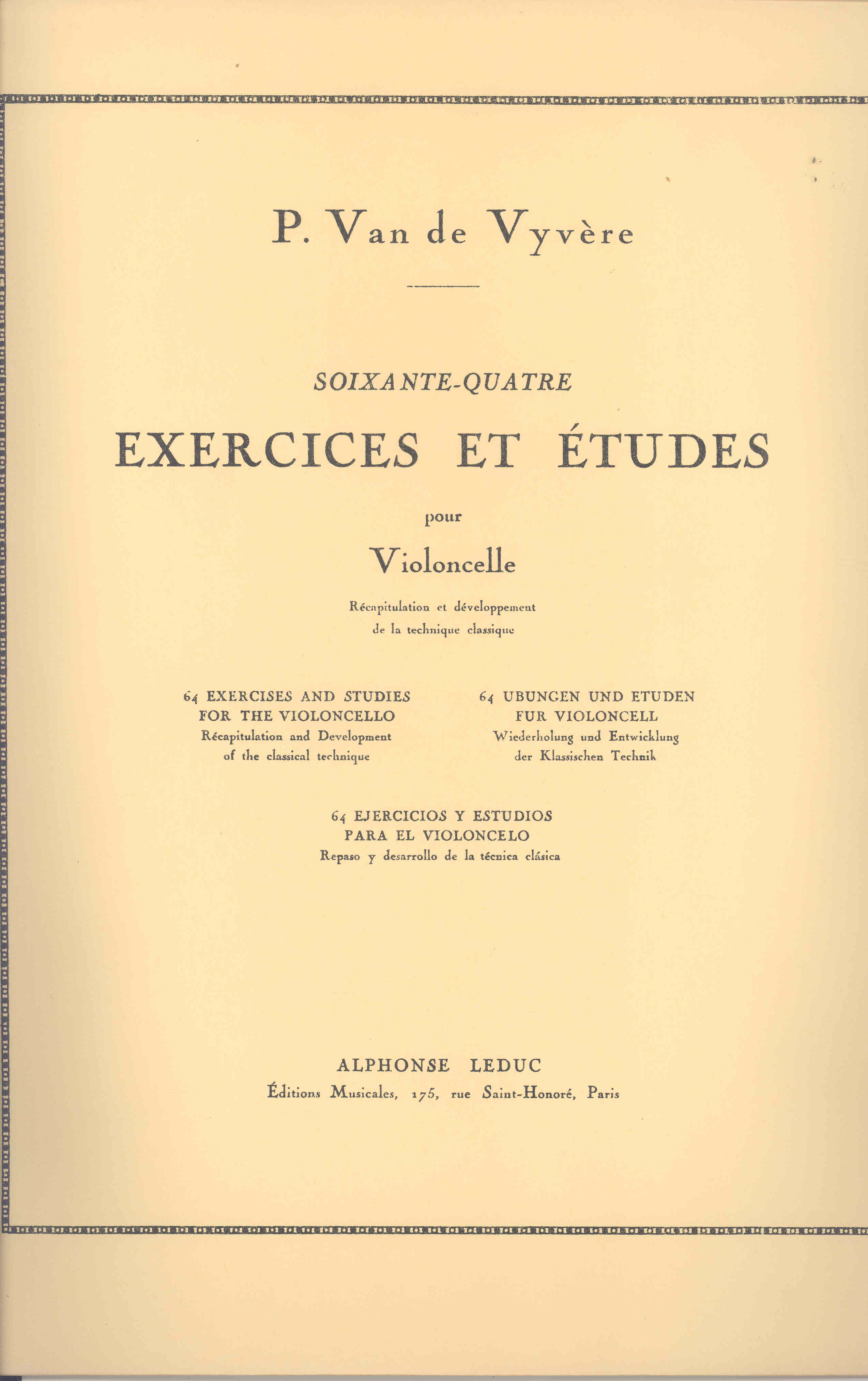 Vyvere 64 Exercices Et Etudes Cello Sheet Music Songbook