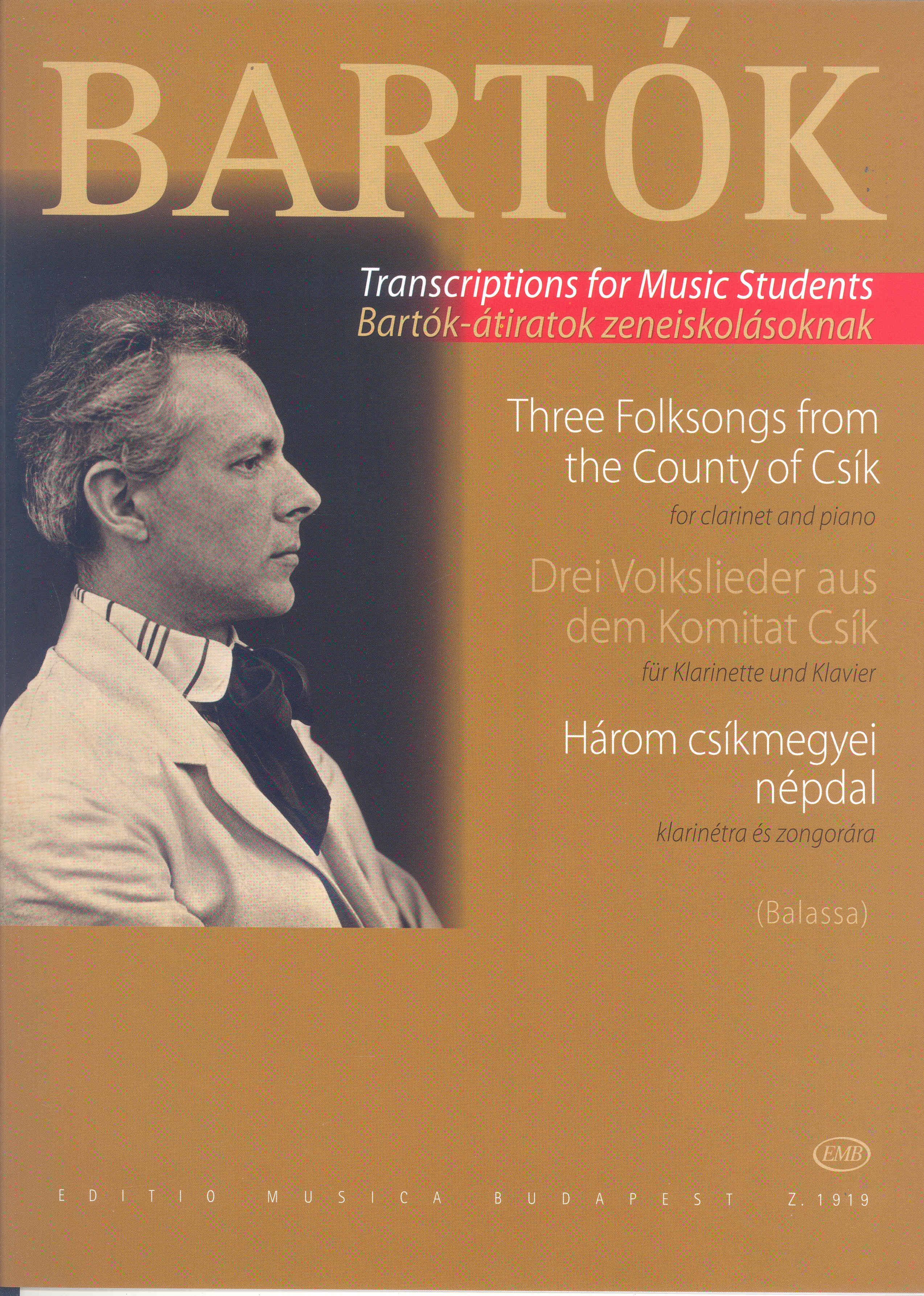 Bartok Three Hungarian Folksongs Clarinet Sheet Music Songbook