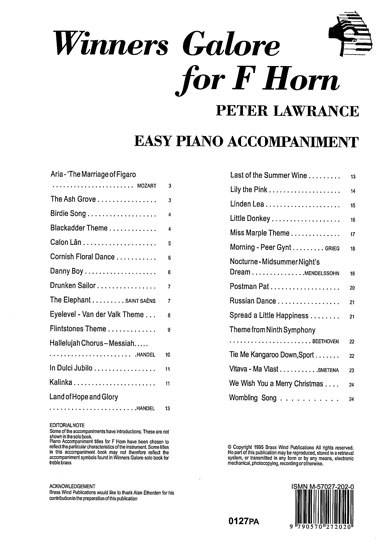 Winners Galore F Horn Piano Accomps Lawrance Sheet Music Songbook