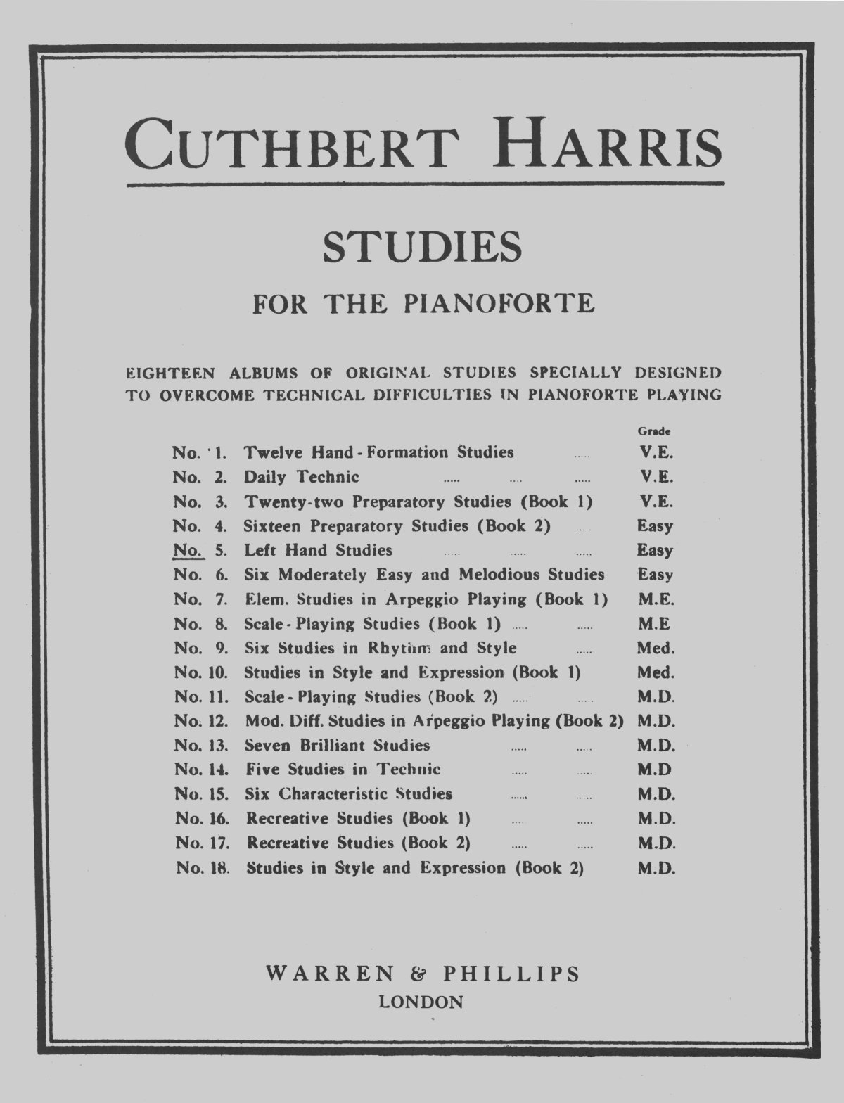 Harris Left Hand Studies Piano Sheet Music Songbook