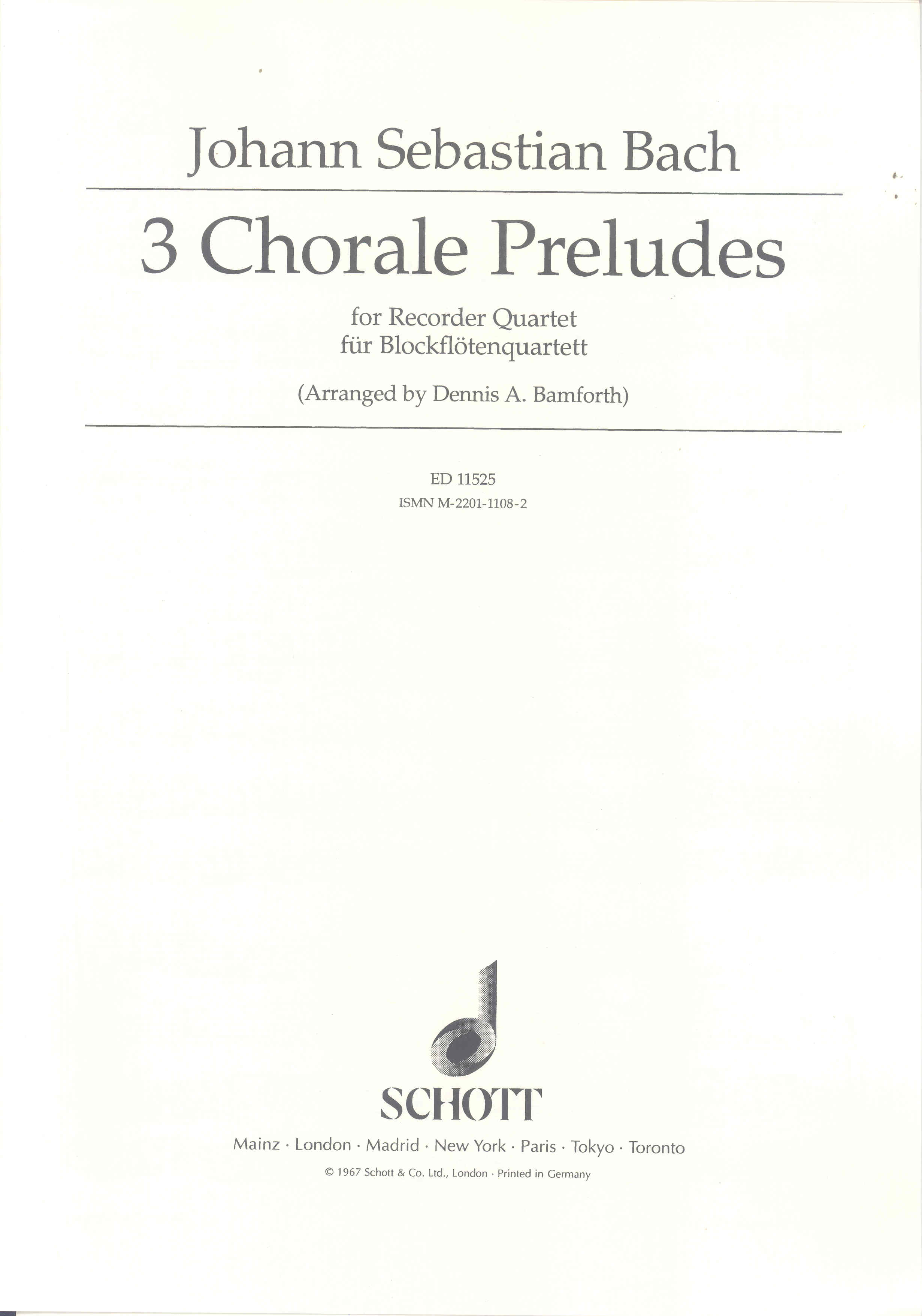 Bach Three Chorale Preludes 4 Recorders Satb Sheet Music Songbook