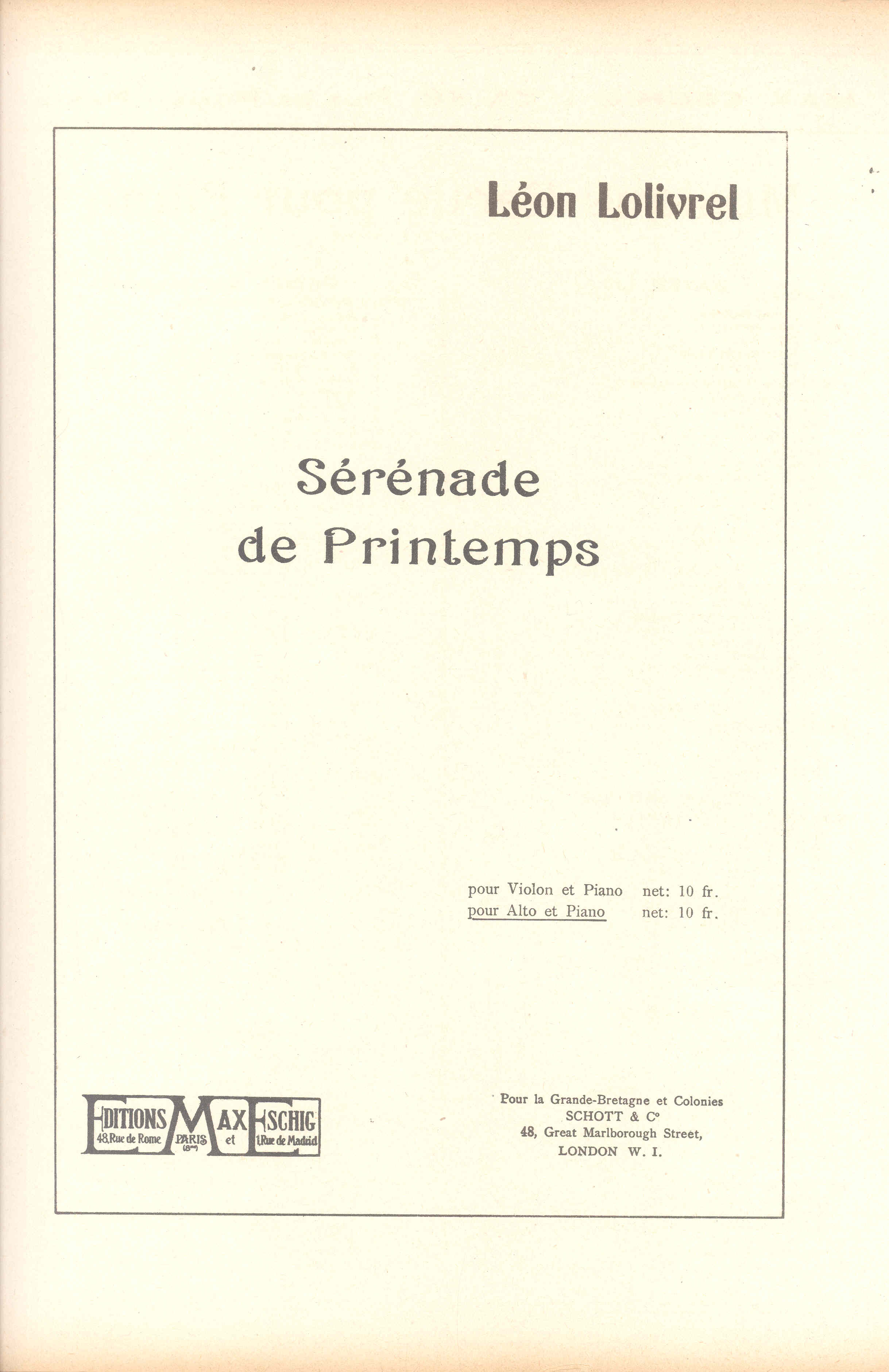 Lolivrel Serenade De Printemps Viola & Piano Sheet Music Songbook