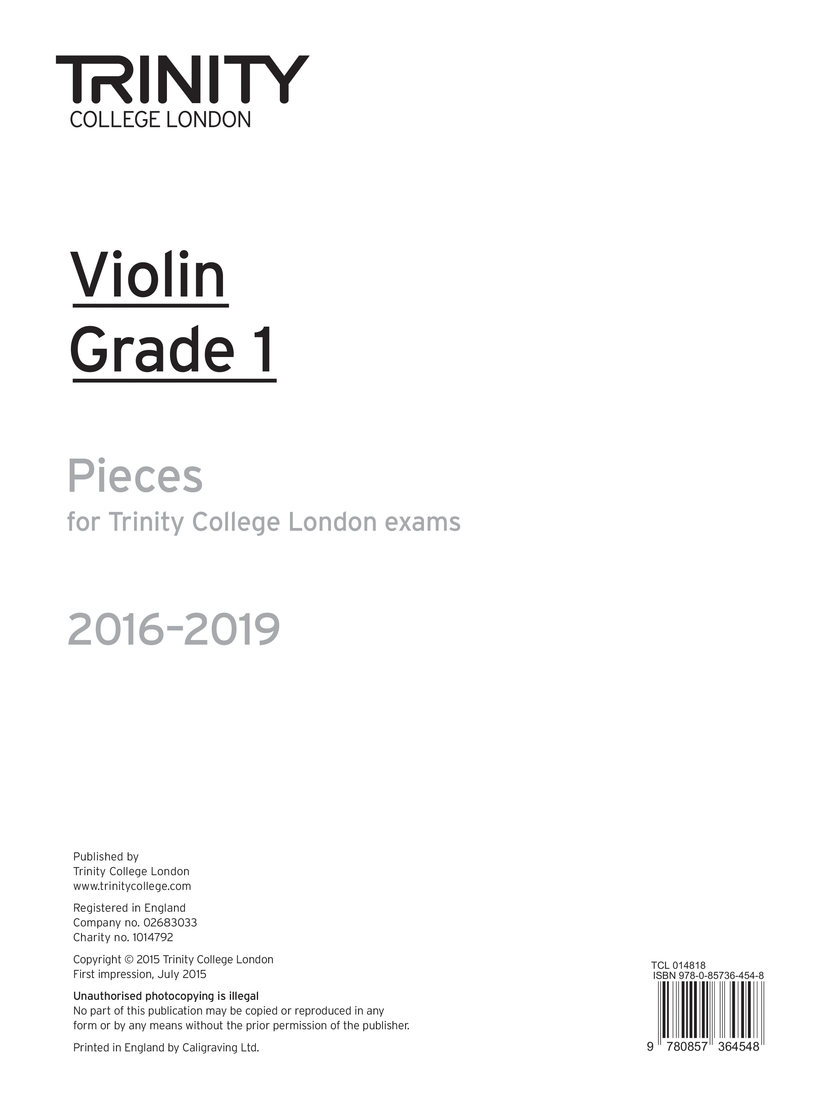 Trinity Violins 2016-2019 Grade 1 Part  Sheet Music Songbook