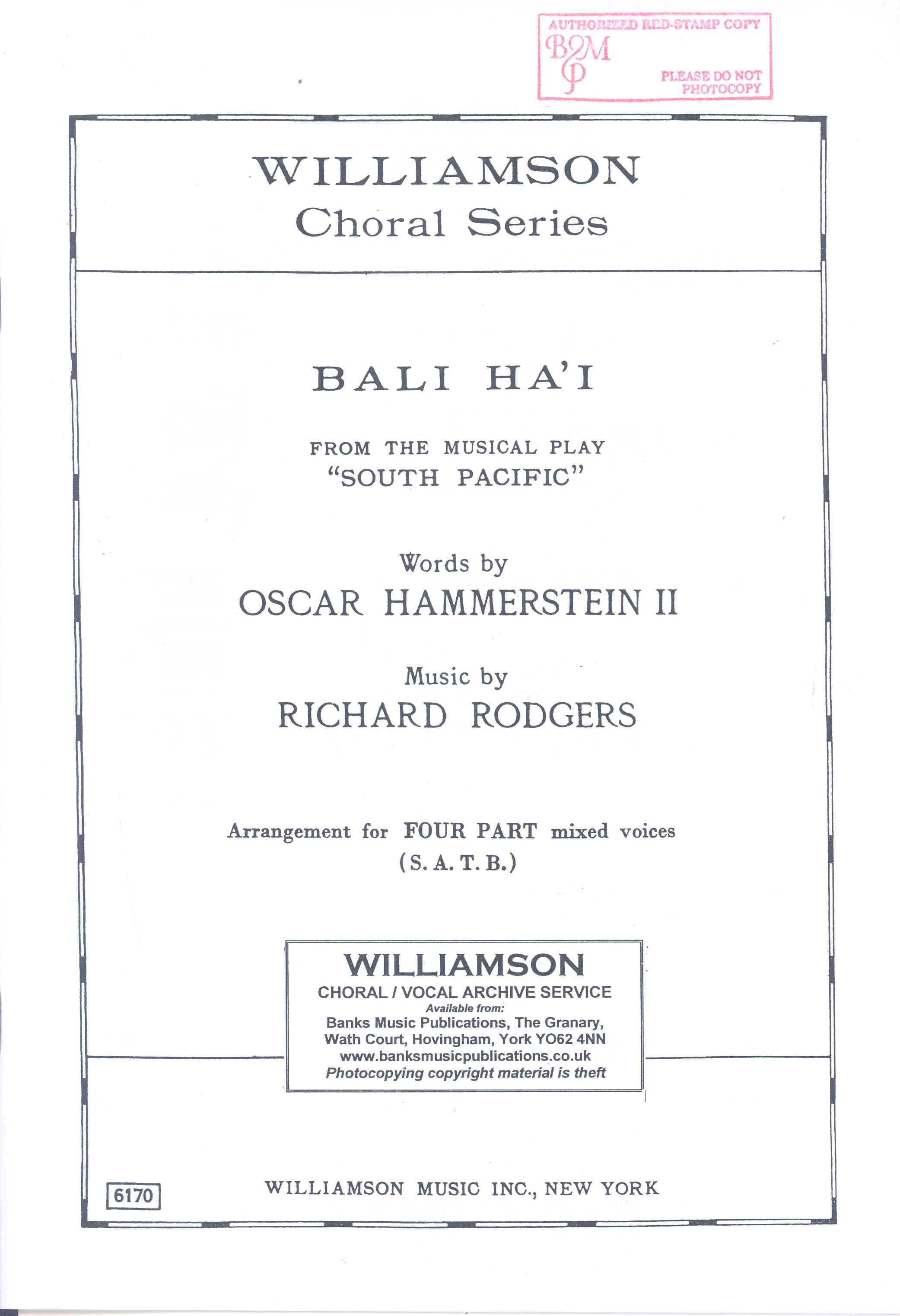 Bali Hai Satb Sheet Music Songbook