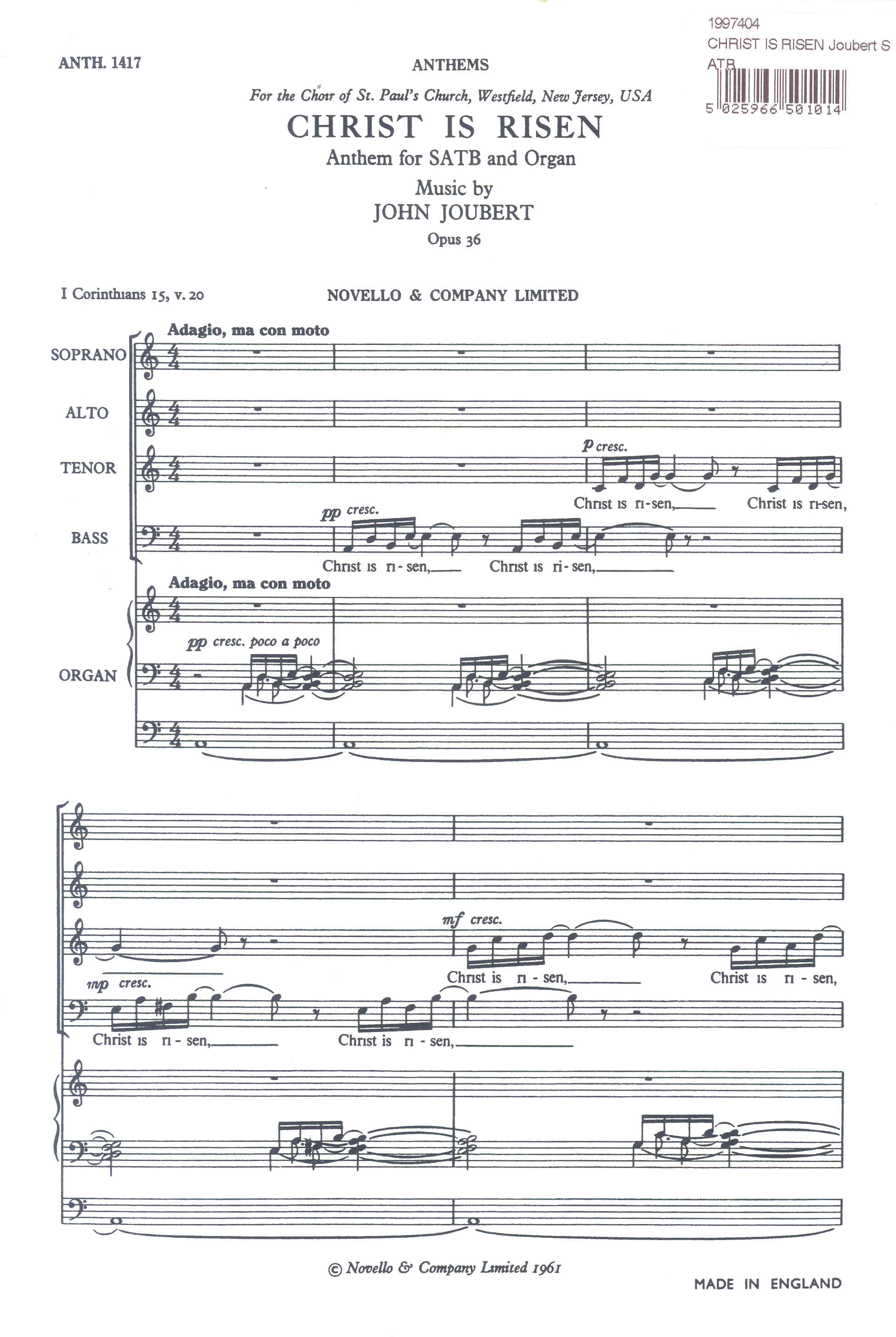 Christ Is Risen Joubert Satb Sheet Music Songbook