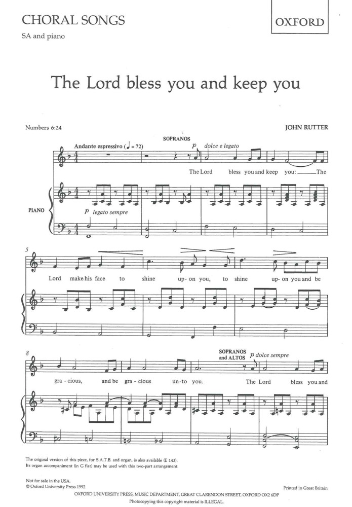 Lord Bless You & Keep You Rutter Sa Sheet Music Songbook