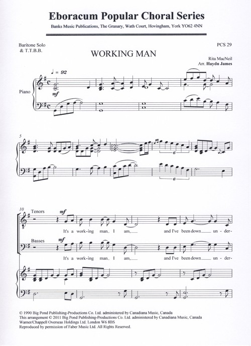 Working Man Rita Mcneil/james Ttbb Sheet Music Songbook