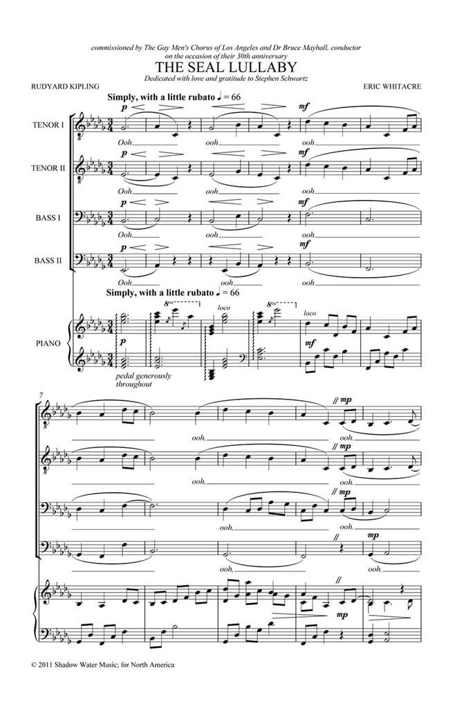 Seal Lullaby Whitacre Ttbb & Piano Min 5 Copies Sheet Music Songbook