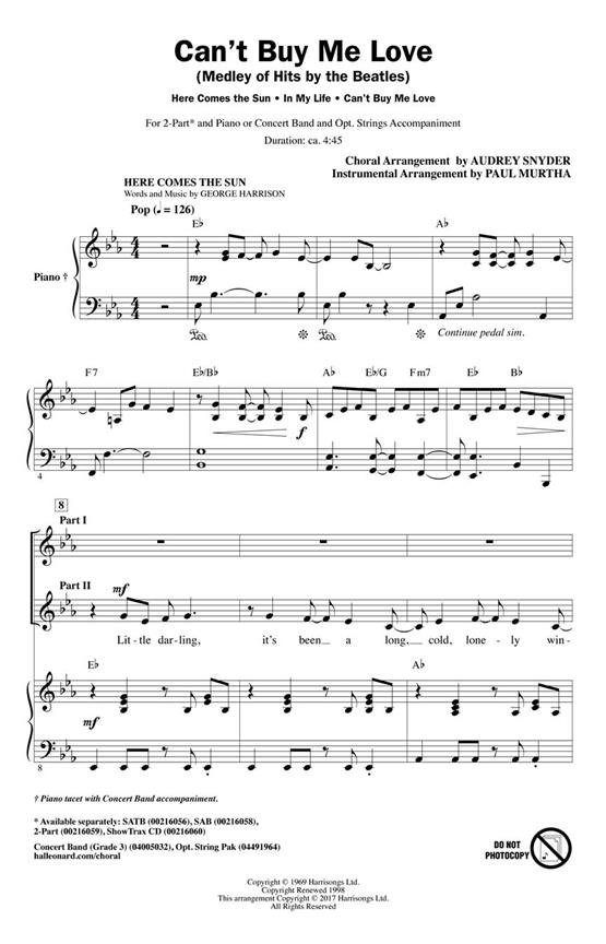 Cant Buy Me Love Medley Arr. Snyder/murtha 2-part Sheet Music Songbook