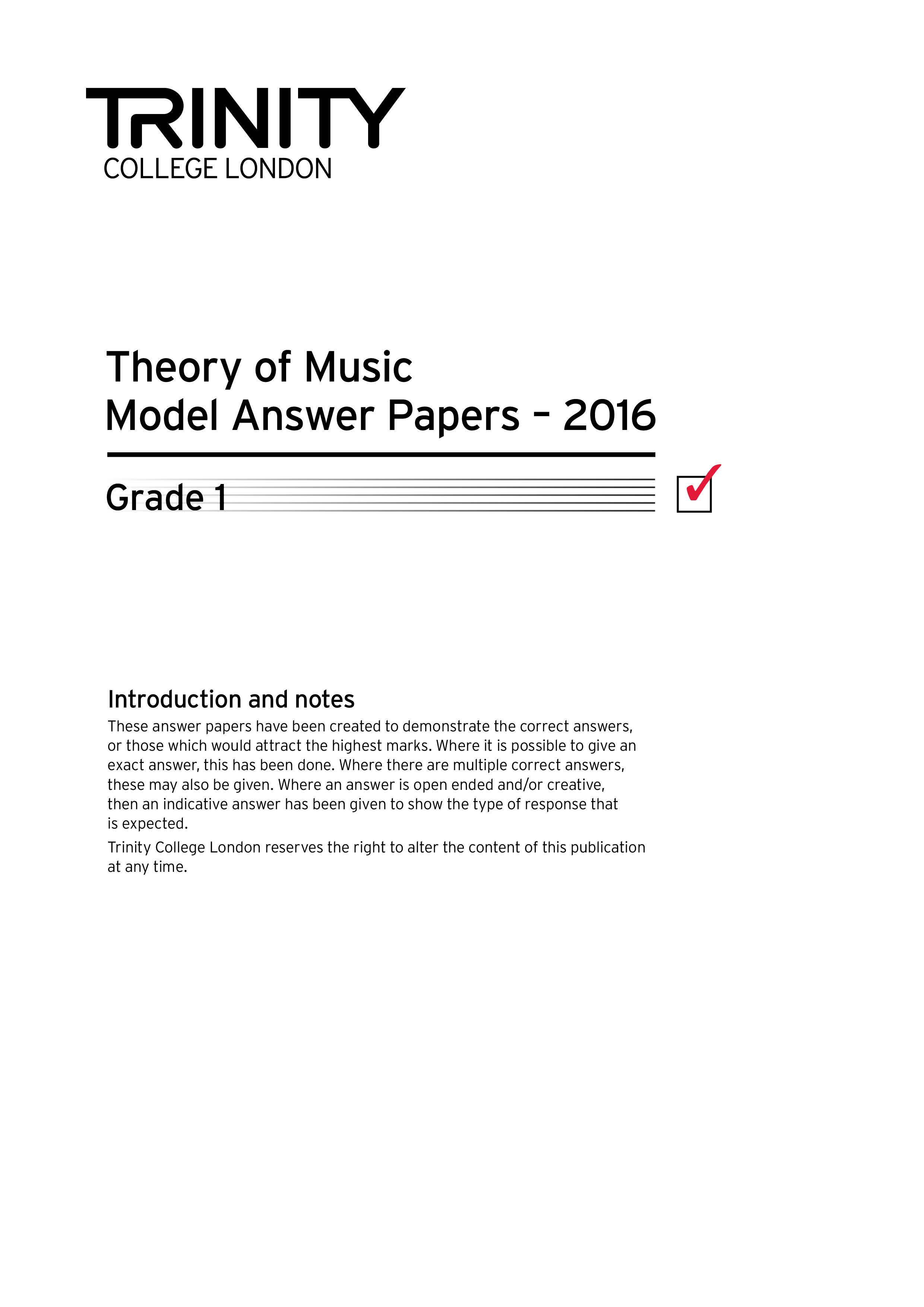 Trinity Theory Model Answer Papers 2016 Grade 1 Sheet Music Songbook