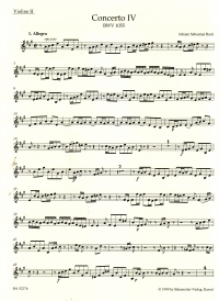 Bach Concerto For Keyboard No 4 In A (bwv1055)vln2 Sheet Music Songbook