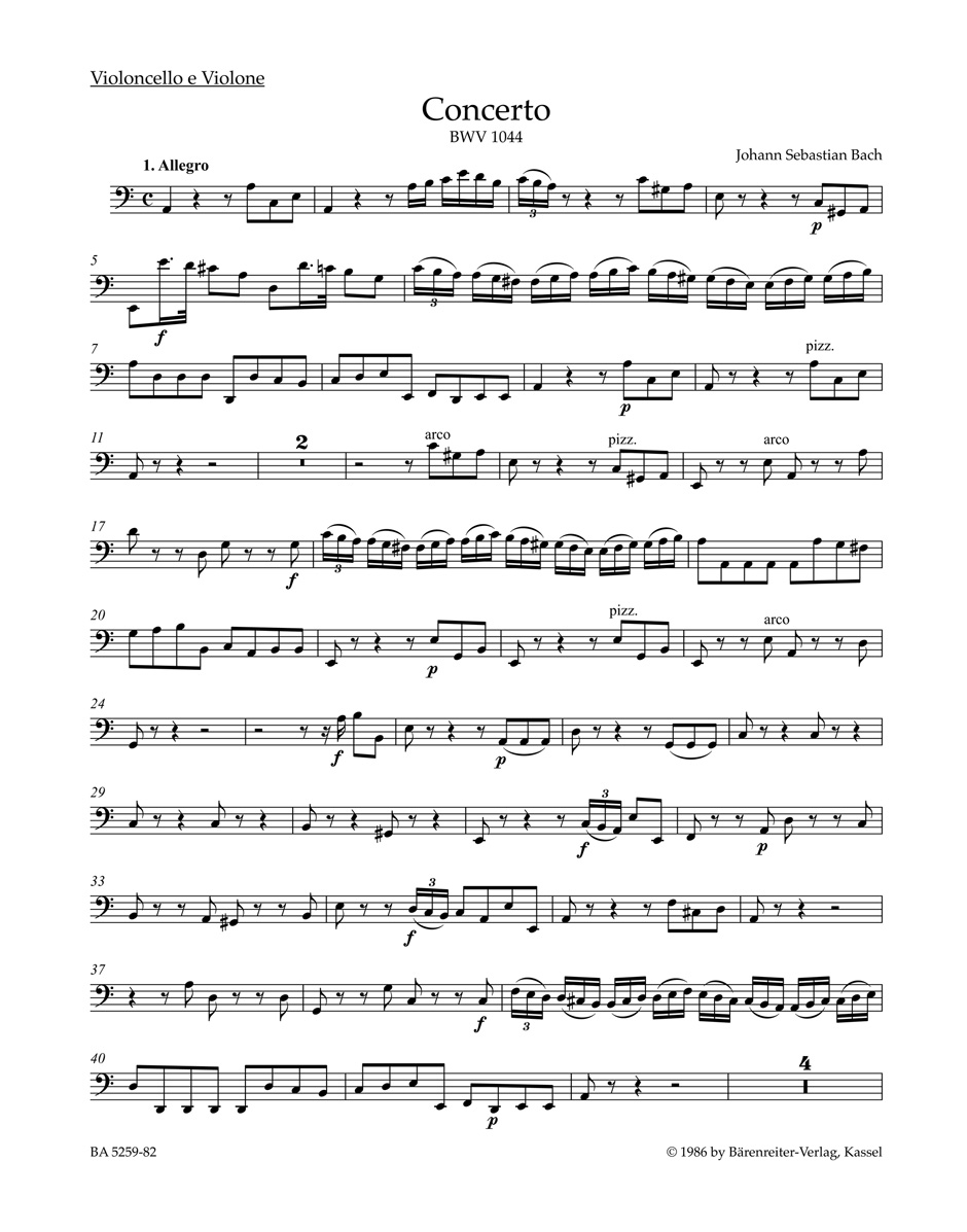 Bach Concerto In A Minor Bwv 1044 Cello/bass Part Sheet Music Songbook
