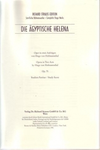 Strauss R Die Aegyptische Helena Op75 Study Score Sheet Music Songbook